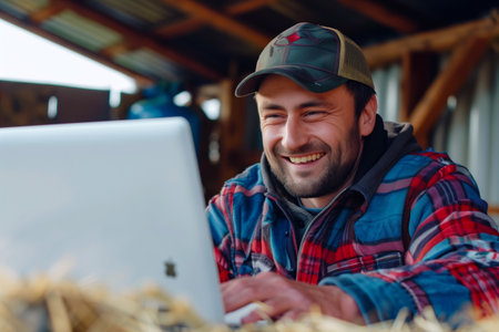 Farmer enjoys a light moment on his laptop, blending rural living with modern technologyの素材