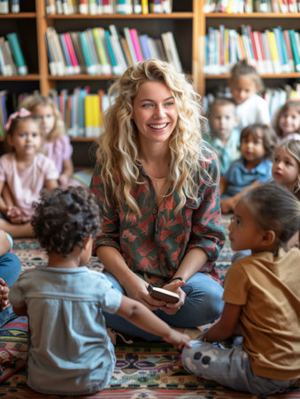 Joyful Teacher Interacting with a Diverse Group of Young Children in a Library Settingの素材