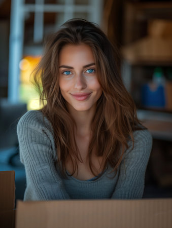Radiant Young Woman with Striking Blue Eyes and a Gentle Smileの素材