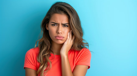 Young Hispanic woman in red showing a puzzled expression, deep in thought against a blue backgroundの素材