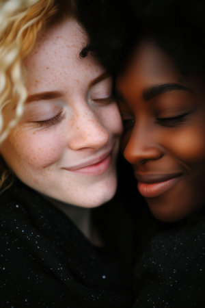 Tender moment between a lesbian couple in a serene embraceの素材