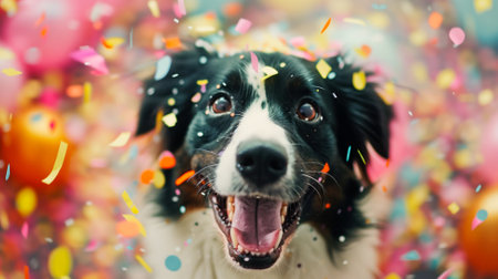 A joyful border collie dog celebrates with colorful confettiの素材