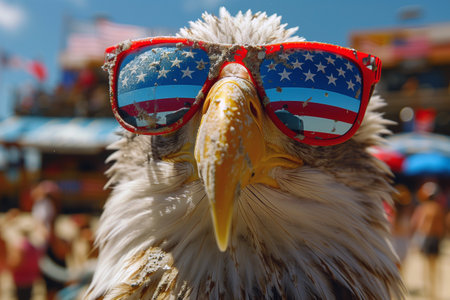 Independence Day spirit with a bald eagle donning American flag sunglassesの素材