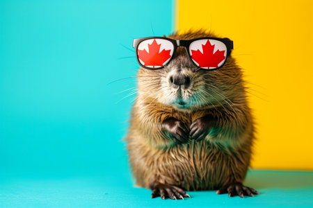 Festive beaver celebrating Canada Day with maple leaf sunglassesの素材