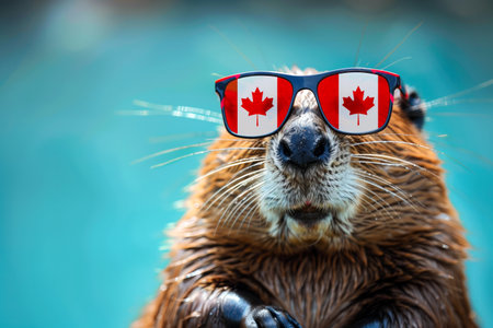 Festive beaver celebrating Canada Day with maple leaf sunglassesの素材
