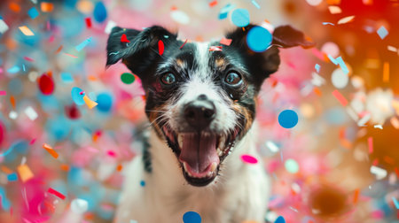 Joyful dog celebrating with a burst of colorful confettiの素材
