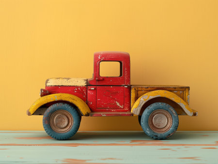 Vintage red and yellow toy truck on a pastel background evoking nostalgiaの素材