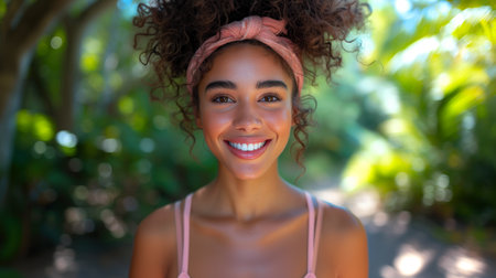 Radiant young woman with a beaming smile in tropical settingの素材
