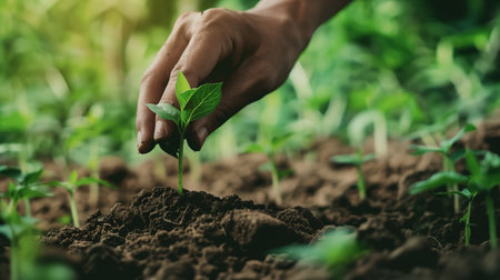 Hand nurturing a young plant in fertile soil, symbolizing growth and sustainabilityの素材