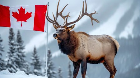 Elk adorned with snowflakes beside the Canadian flag on Canada Dayの素材