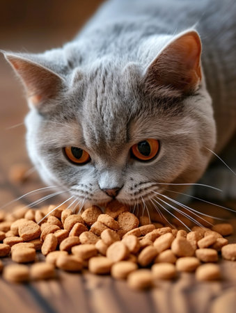 Inquisitive British Shorthair cat with striking amber eyes snacking on kibblesの素材