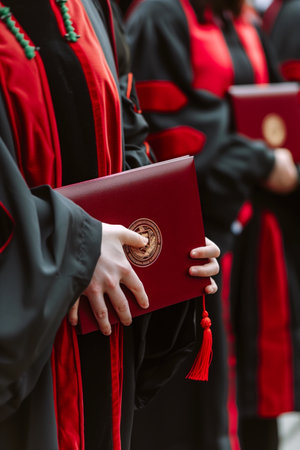 Close-up of graduates holding diplomas during commencementの素材