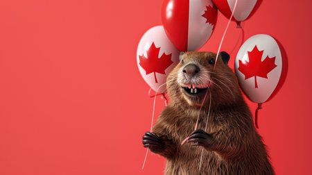 Cheerful beaver with red and Canadian flag balloons on Canada Dayの素材