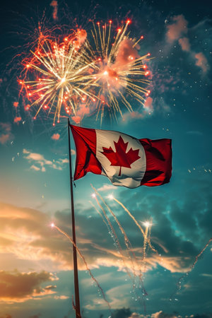 Canada's flag under a sparkling firework-lit sky celebrating national spiritの素材