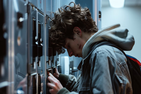 A young male student, likely in his teens, appears contemplative as he engages with his locker in a school hallway.の素材