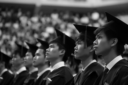 Rows of graduates in black gowns and caps during a graduation ceremonyの素材