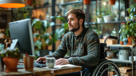 young man in wheelchair working on computer in a cozy office with plants aroundの素材