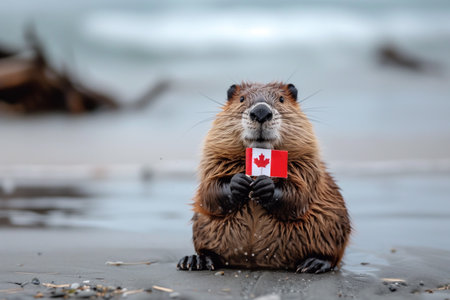 Beaver holding Canadian flag on beachの素材