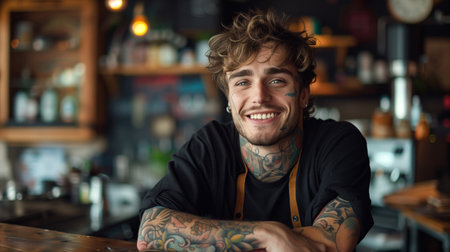 Cheerful tattooed young man smiling in urban cafe settingの素材