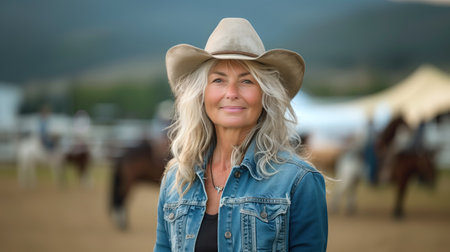 Reflective senior woman with cowboy hat at a ranchの素材