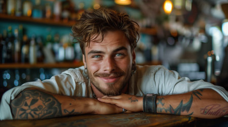 Smiling young man with tattoos leaning on hands at a barの素材
