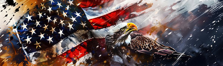 Grunge artistic depiction of American flag and bald eagle, symbolizing US patriotismの素材