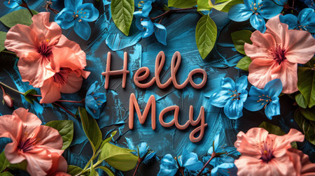Joyful Hello May greeting with vibrant spring flowersの素材