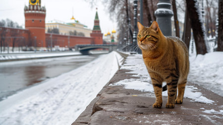 Winter Day with a Tabby Cat on a Snowy Moscow Streetの素材