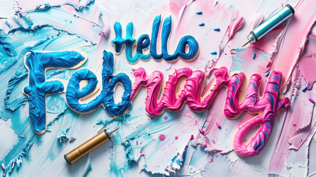Artistic February greeting in bold calligraphy with vibrant acrylic paint strokesの素材