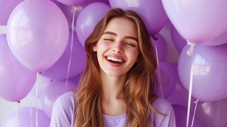 Joyful woman surrounded by purple balloons laughing heartilyの素材