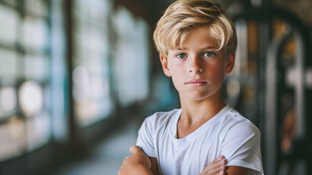 Teenage boy with confident look in gymの素材
