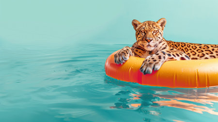Leopard lounging on an orange pool float in turquoise waters, a quirky summer sceneの素材