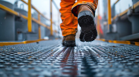 Worker walking on a metal platform in an industrial environmentの素材