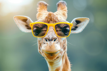 Giraffe sporting yellow sunglasses offers a humorous and stylish lookの素材