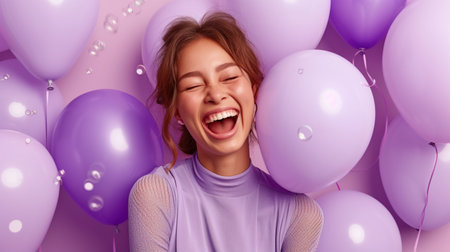 Cheerful Woman Dressed in Lavender Surrounded by Balloons and Laughing with Joyの素材