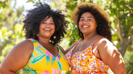 Two plus-size African American women smiling and enjoying a sunny day outdoors in colorful floral dressesの素材