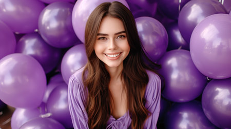 Cheerful Woman Dressed in Lavender Laughing with Joy Among Purple Balloonsの素材