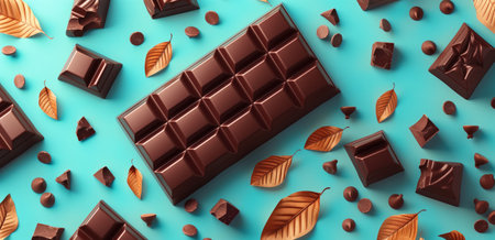Chocolate Bar with Leaves and Pieces on Blue Backgroundの素材