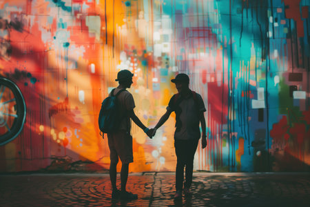 Two boys holding hands in front of a colorful graffiti wall. Perfect for urban friendship and street art conceptsの素材