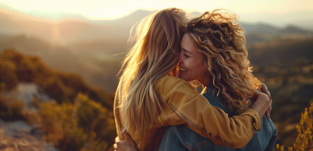 Two Women Hugging at Sunset with Scenic Mountain Backgroundの素材