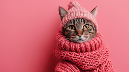 Adorable Tabby Cat in Pink Knitted Hat and Scarf on Pink Backgroundの素材