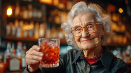 Elderly Woman Enjoying a Drink in Cozy Bar Setting with Warm Lightingの素材