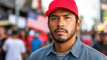 Portrait of a Man in Red Cap at Outdoor Event with American Flag in Backgroundの素材