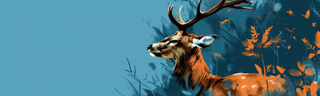 Majestic deer in an artistic forest scene. Beautiful illustration of a deer with autumn foliage. Wilderness and tranquility backgroundの素材