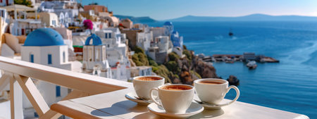 Scenic Seaside View with Coffee Cups on Balcony Overlooking Greek Island Villageの素材