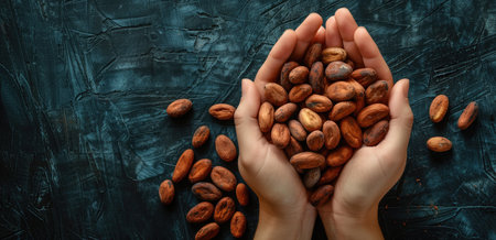 Hands Holding Raw Cocoa Beans Against Dark Background. Organic, Natural, Rustic, Healthyの素材
