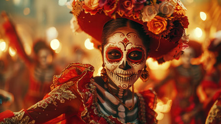 Mexican sugar skull woman in traditional costume at Dia de los Muertos celebration in Mexicoの素材