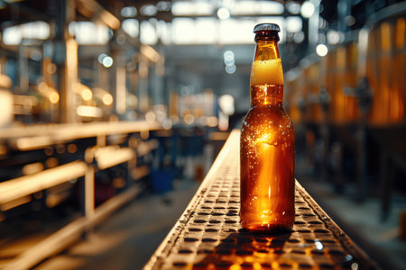 Brown beer bottle on a production line in a brewery with blurred background lighting and machinery. Craft beer production, beverage industry, brewery process, manufacturing alcohol, bottling lineの素材