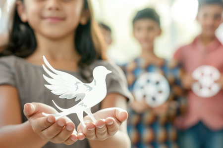 Children holding paper cutouts of dove, peace sign, and recycle symbol, showing sustainability concepts. Peace education, environmental awareness, recycling, social unity, childhood learningの素材