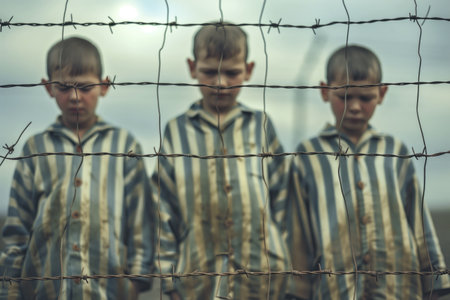 Three boys in striped clothing standing behind barbed wire fence, appearing somber and emaciated. Concepts of war, conflict, history, and the plight of children during wartime.の素材